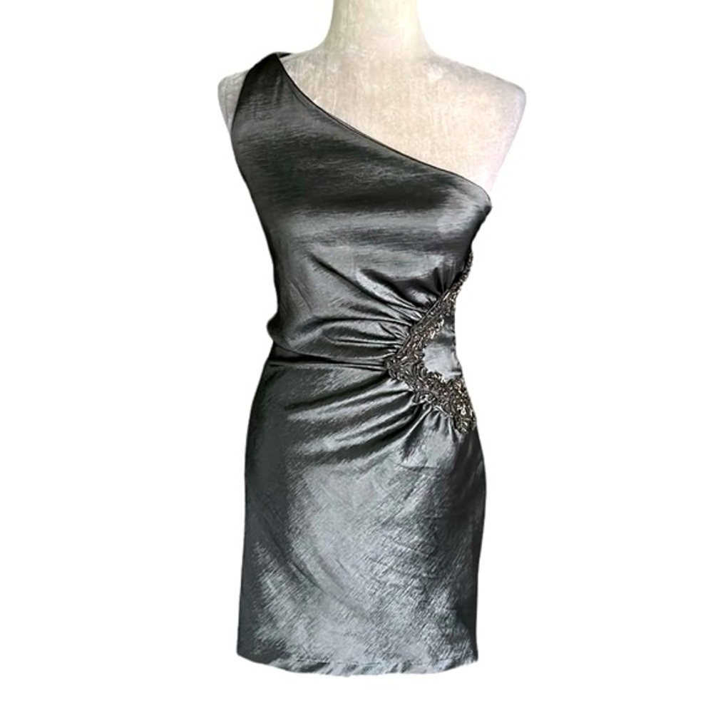 Jessica McClintock Vintage Metallic Pewter Beaded Ruched One Shoulder Dress 6